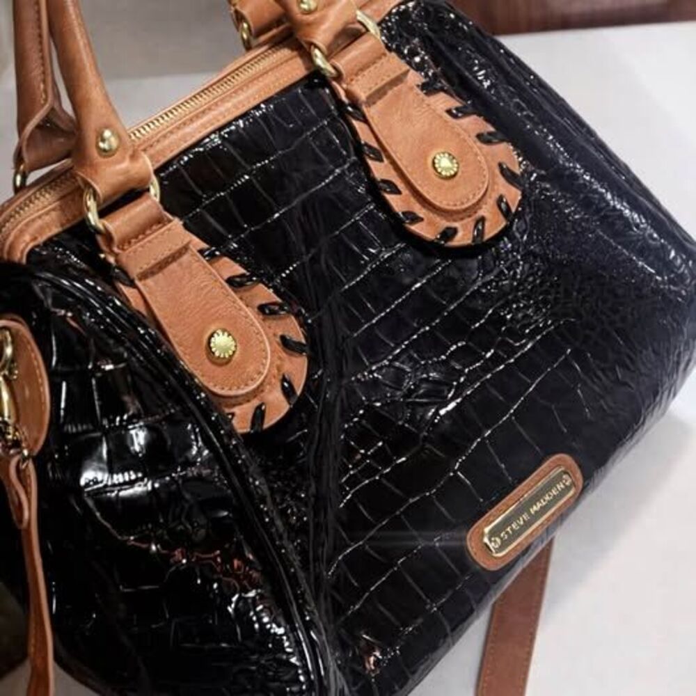 Steve Madden Y2K Croc Embossed Patent Satchel – Black & Tan Whipstitch Bag